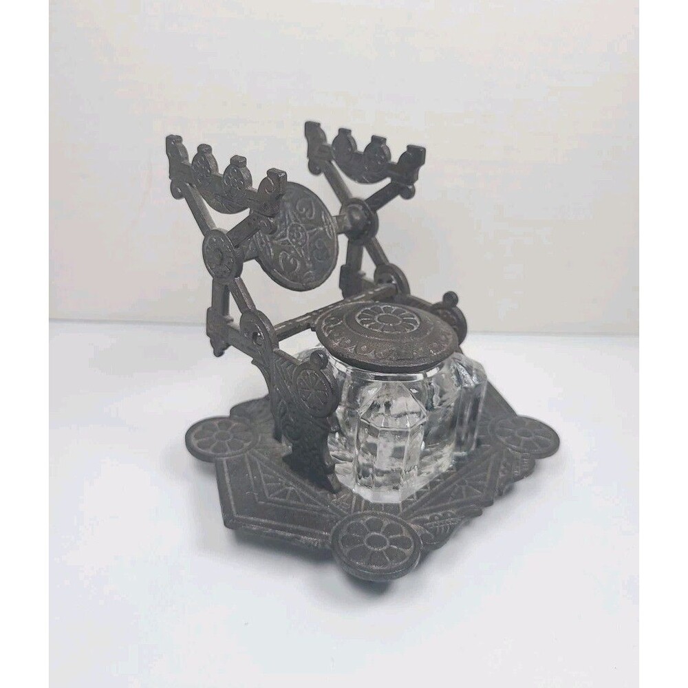 Victorian Eastlake Cast Iron Lidded Inkwell Glass Cup Dip Pen Holder Desk Tool